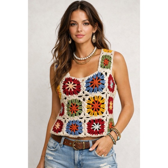 Handcrafted Tops - Crochet Granny‎ Square Vest Top Sleeveless Boho Hippie Festival Colorful